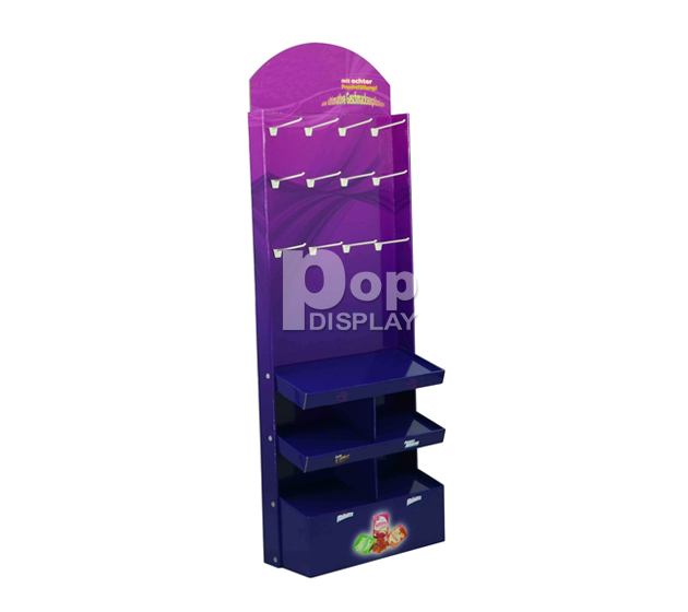 3 tiers cardboard floor display stand with hooks cardboard floor display