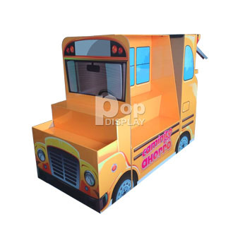 Cardboard school bus shaped paper pallet display